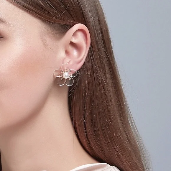 Any 4/$25! Translucent Flower Pearl Stud Earrings - Picture 2 of 10